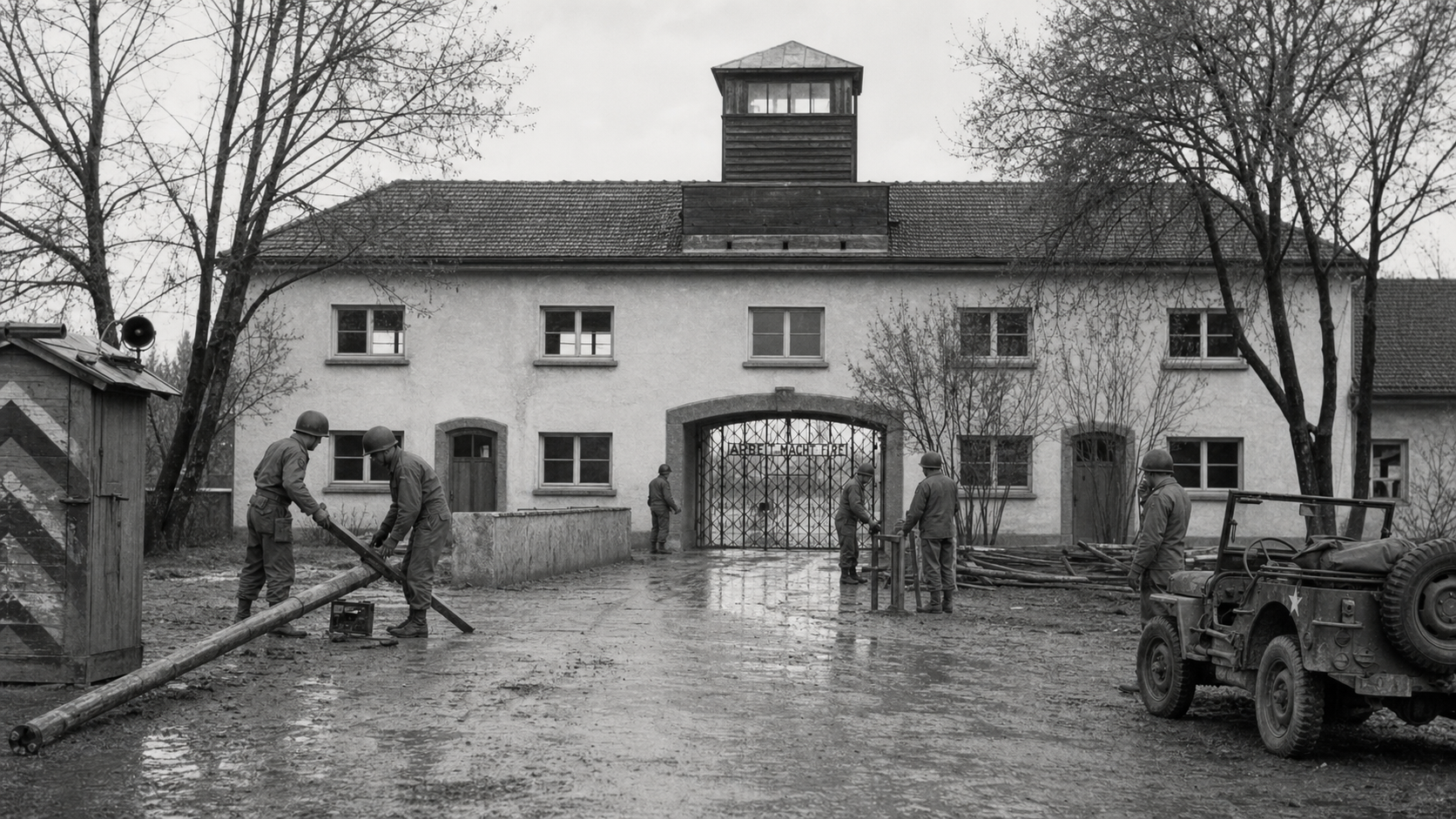 Black-and-white historical interpretation of U.S. Army soldiers working outside the Dachau Jourhaus shortly after liberation